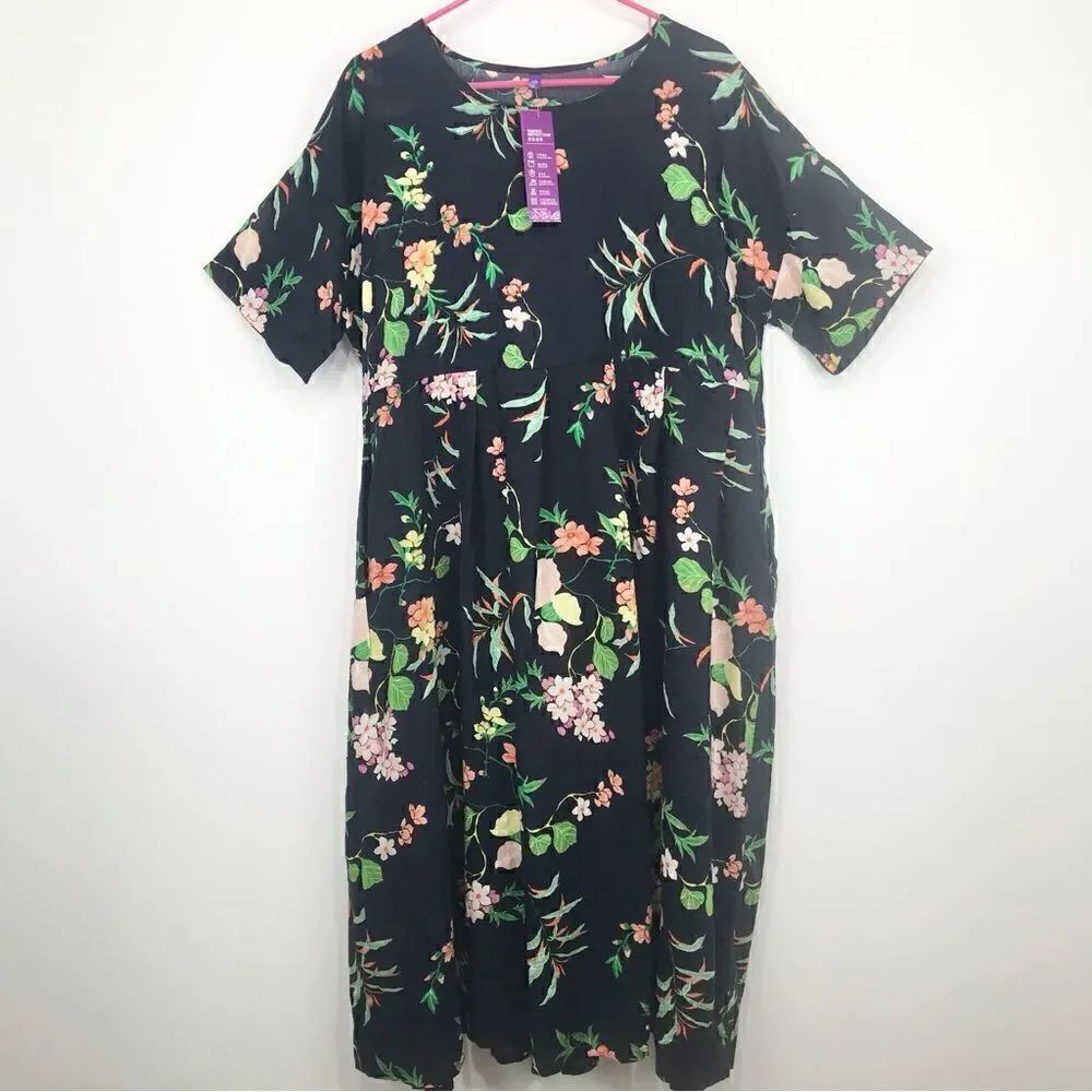 Romacci Navy Blue Floral Print Lightweight Cotton Popover Dress NEW